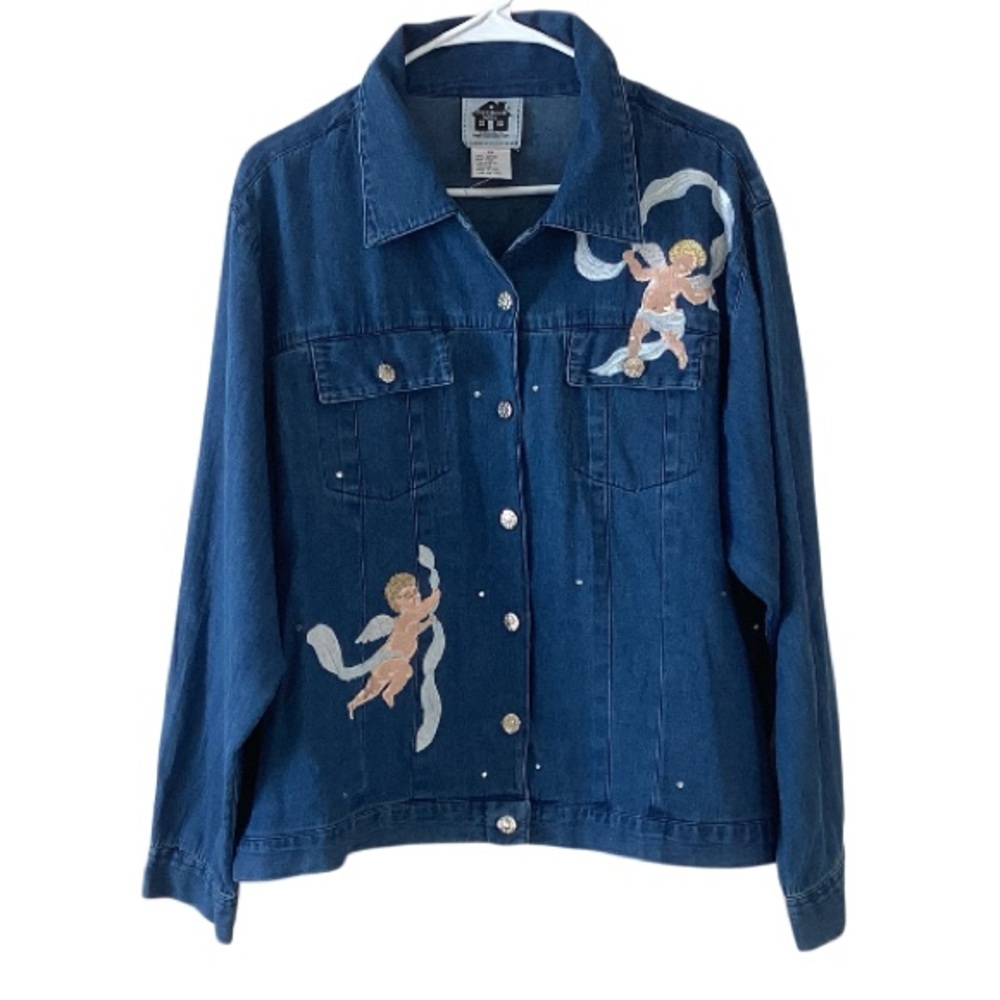 Storybook Knits Vintage Denim Jacket Embroidered Angels 1X